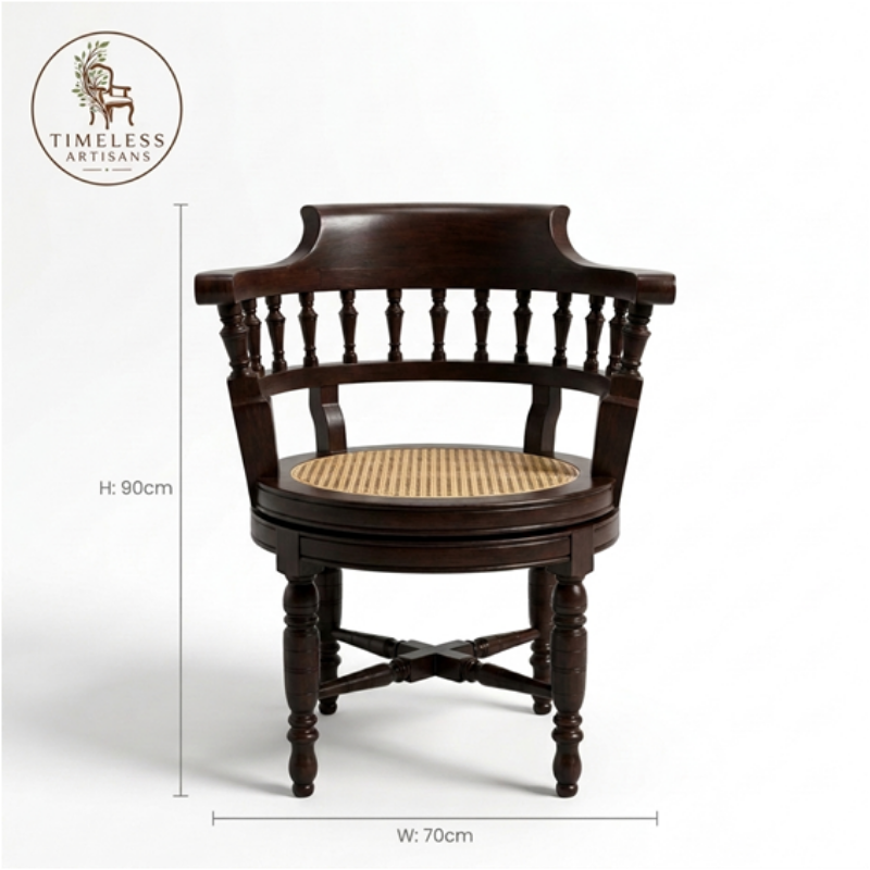 Royal Handcrafted Solid Mahogany Revolving Chair with Natural Cane Seat