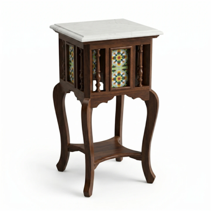 Royal Handcrafted Antique Side Table with Marble Top & Floral Ceramic Tile Inlays