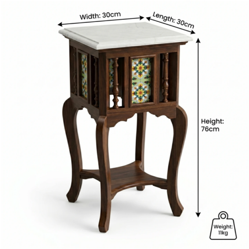 Royal Handcrafted Antique Side Table with Marble Top & Floral Ceramic Tile Inlays - Image 2