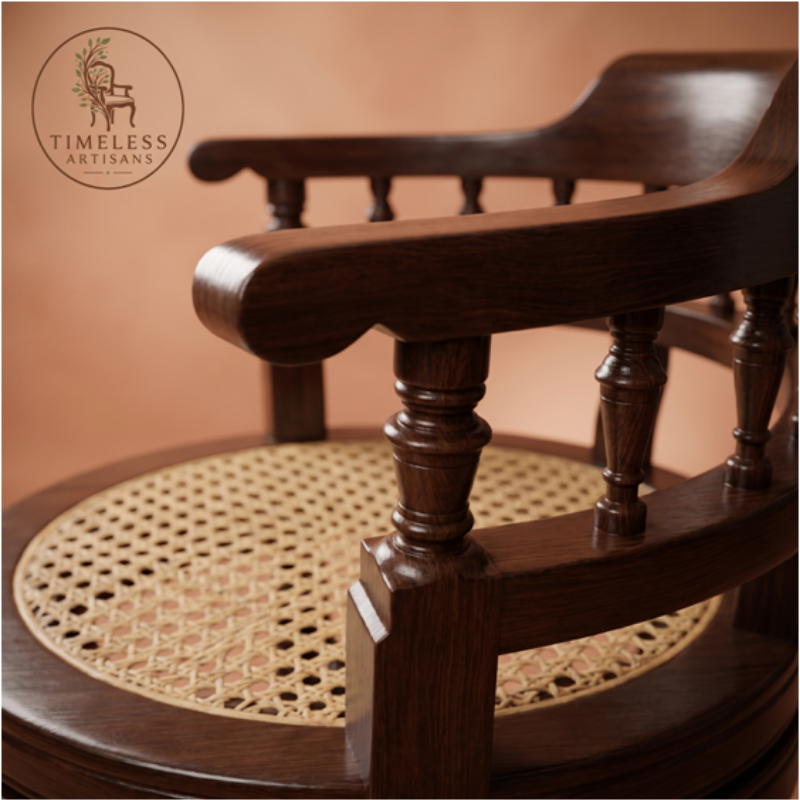 Royal Handcrafted Solid Mahogany Revolving Chair with Natural Cane Seat - Image 2