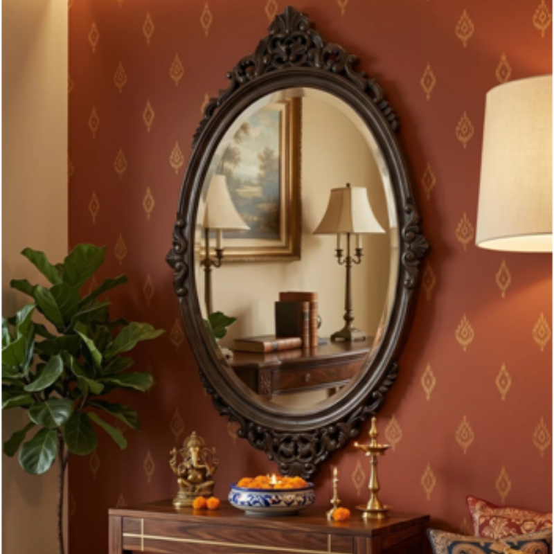 Royal Handcrafted Antique Wooden Oval Wall Mirror - Image 3
