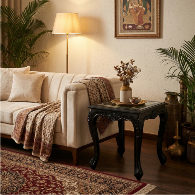 Royal Handcrafted Antique Wooden End Table with Glass Top - Image 3