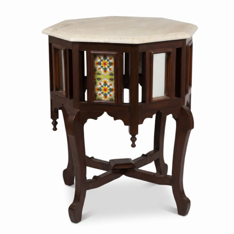 Royal Handcrafted Octagonal Antique Side Table with Marble Top & Ceramic Tiles