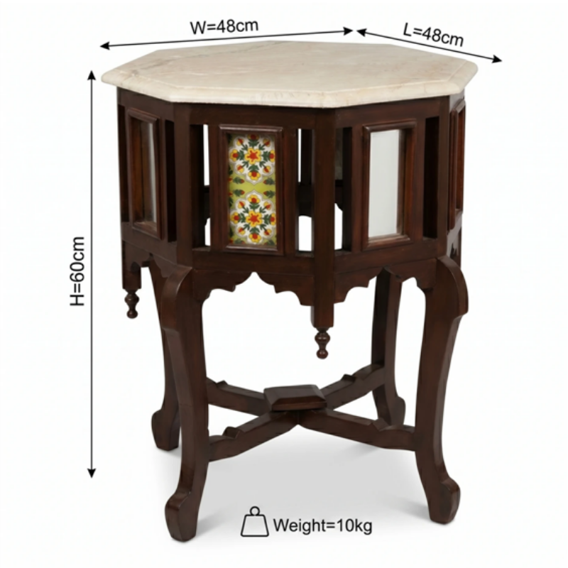 Royal Handcrafted Octagonal Antique Side Table with Marble Top & Ceramic Tiles - Image 2