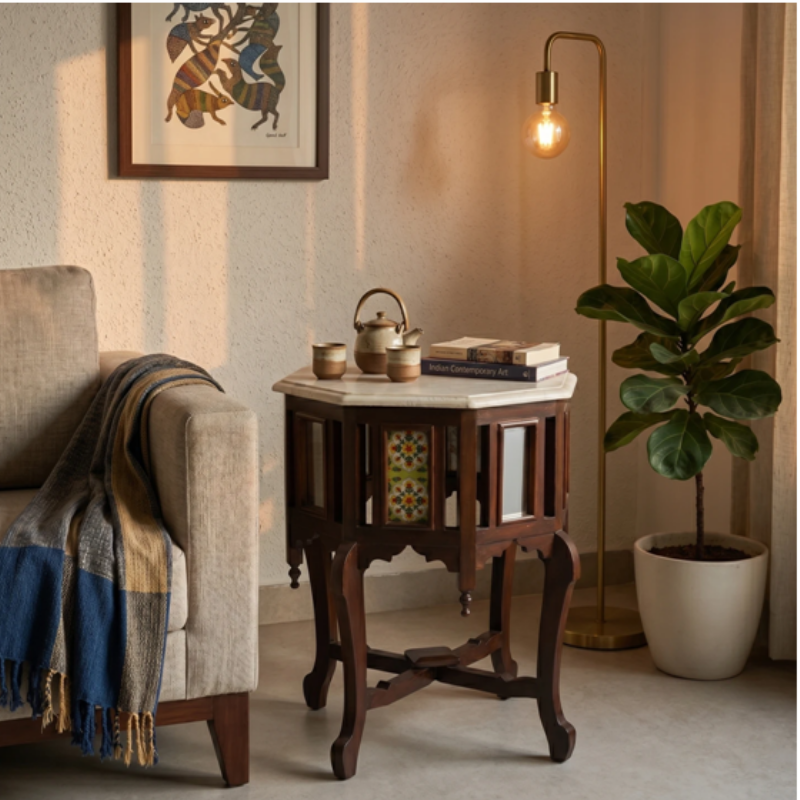 Royal Handcrafted Octagonal Antique Side Table with Marble Top & Ceramic Tiles - Image 3