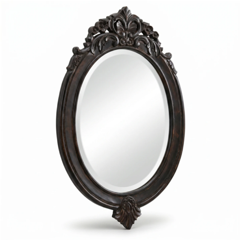 Royal Handcrafted Compact Oval Antique Wooden Wall Mirror