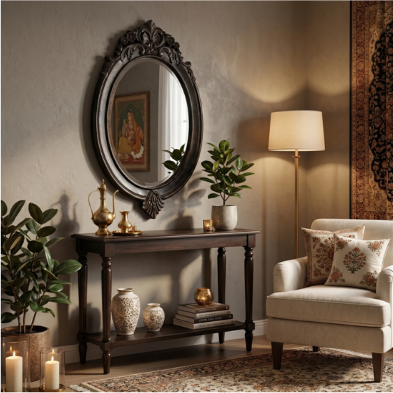 Royal Handcrafted Compact Oval Antique Wooden Wall Mirror - Image 3