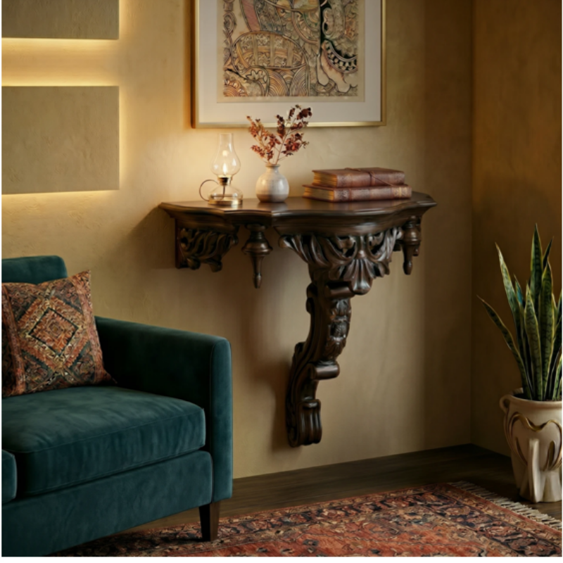 Handcrafted Solid Wood Ornate Wall-Mounted Console Table - Image 4