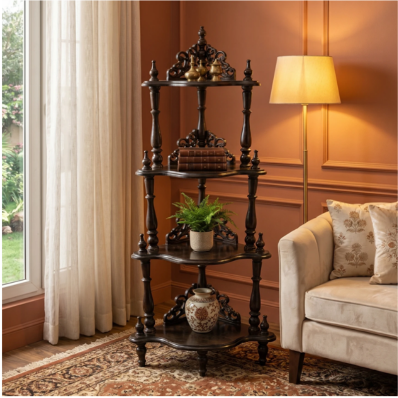 Royal Handcrafted Solid Wood 4-Tier Antique Corner Display Shelf - Image 3
