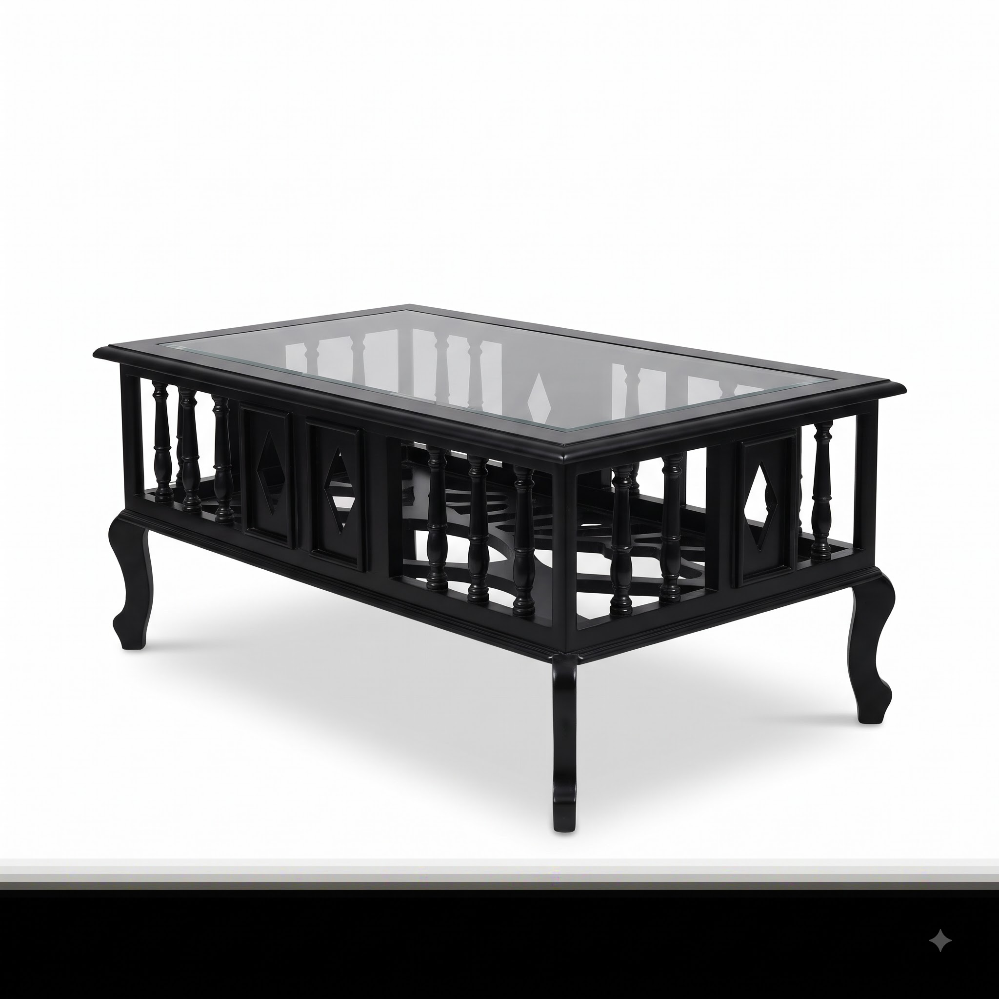 Victorian Hand-Carved Glass Top Center Coffee Table
